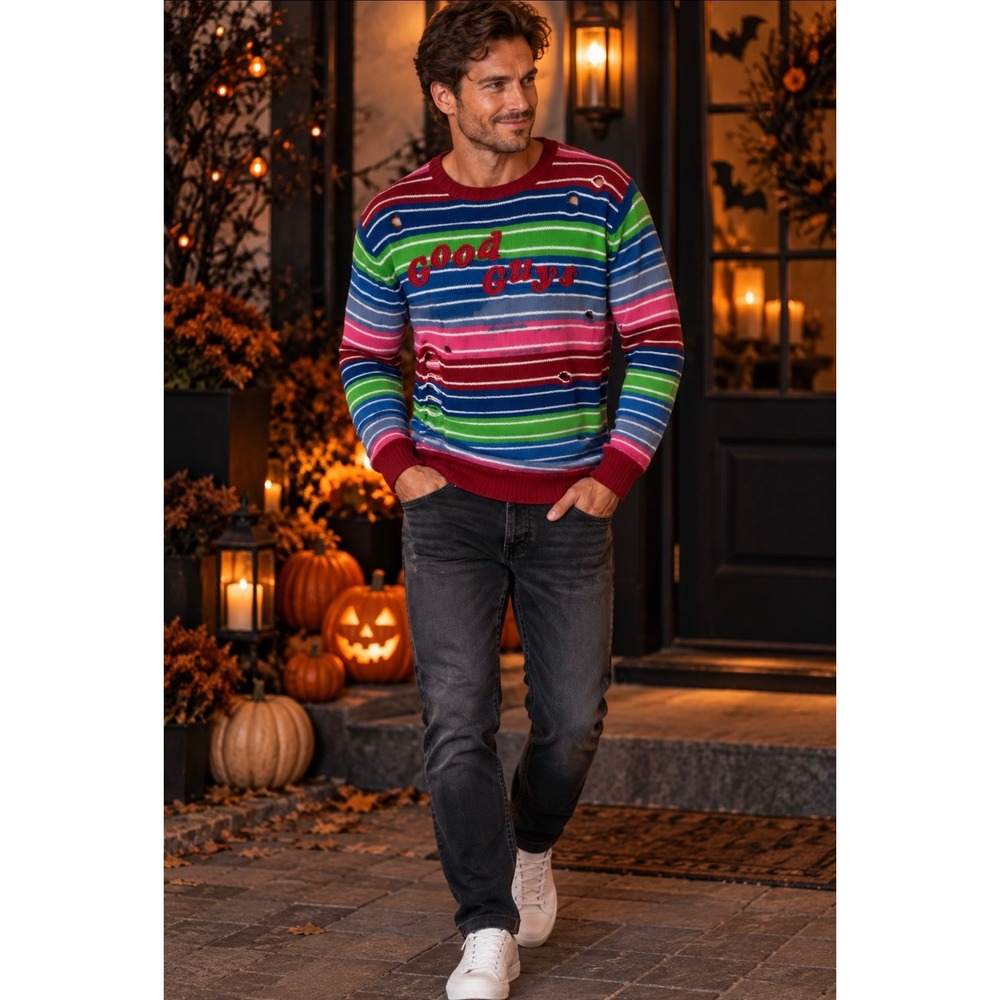 Chucky Good Guys Childs play Distressed Striped Sweater Sz L Horror